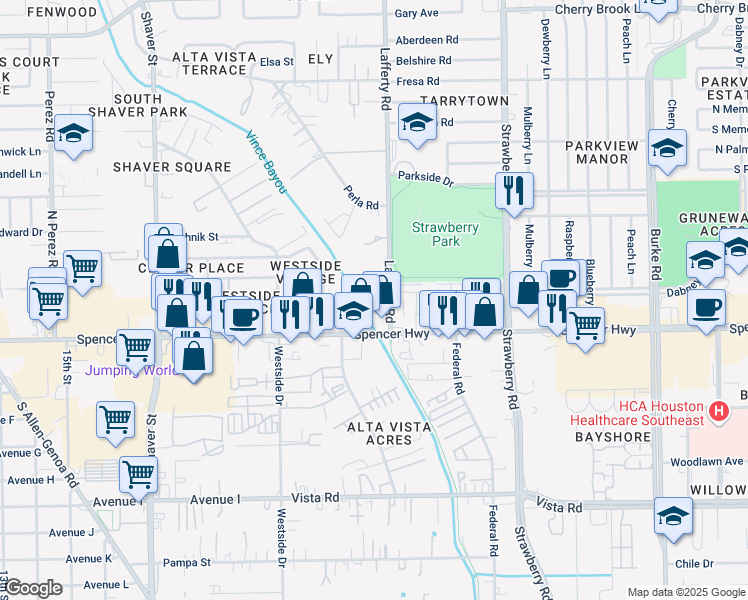 map of restaurants, bars, coffee shops, grocery stores, and more near 2931 Spencer Highway in Pasadena