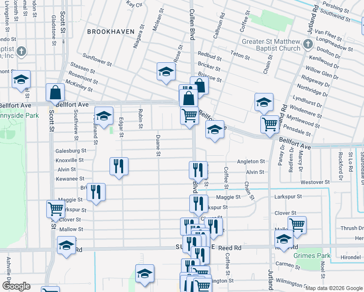 map of restaurants, bars, coffee shops, grocery stores, and more near 4647 Knoxville Street in Houston