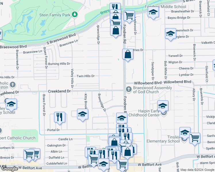 map of restaurants, bars, coffee shops, grocery stores, and more near 10703 Saint John Court in Houston