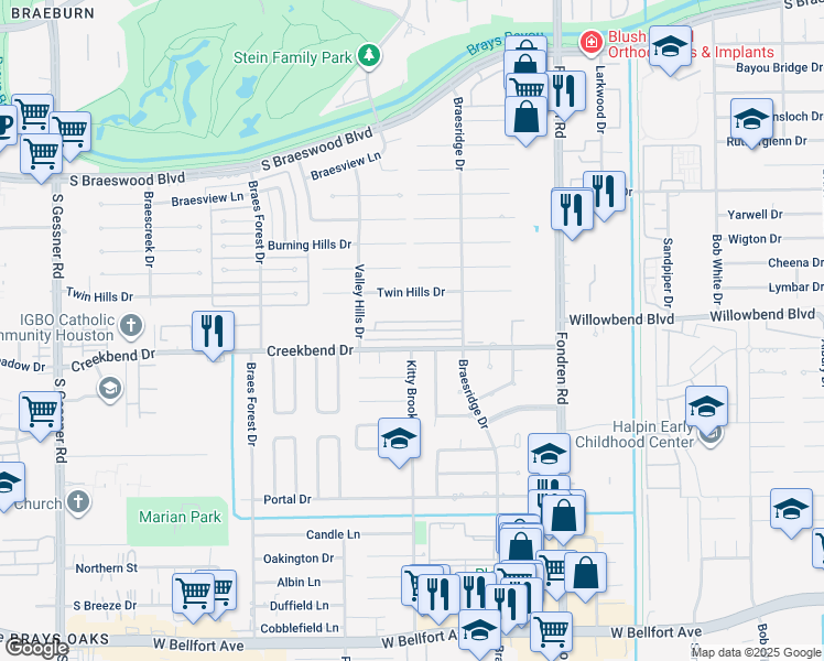 map of restaurants, bars, coffee shops, grocery stores, and more near 10703 Kitty Brook Drive in Houston