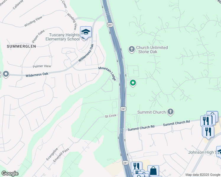 map of restaurants, bars, coffee shops, grocery stores, and more near 2334 Mountain Fall in San Antonio