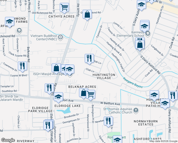 map of restaurants, bars, coffee shops, grocery stores, and more near 12819 Huntington Venture Drive in Houston