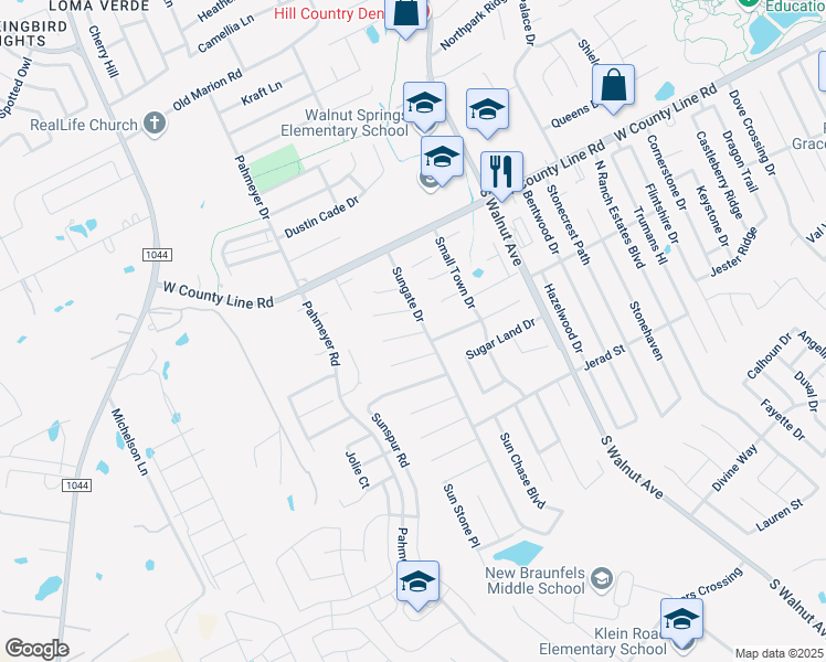 map of restaurants, bars, coffee shops, grocery stores, and more near 1624 Sunstone Circle in New Braunfels