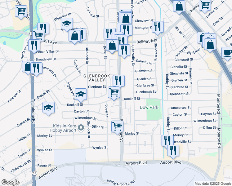 map of restaurants, bars, coffee shops, grocery stores, and more near 8400 Broadway Street in Houston