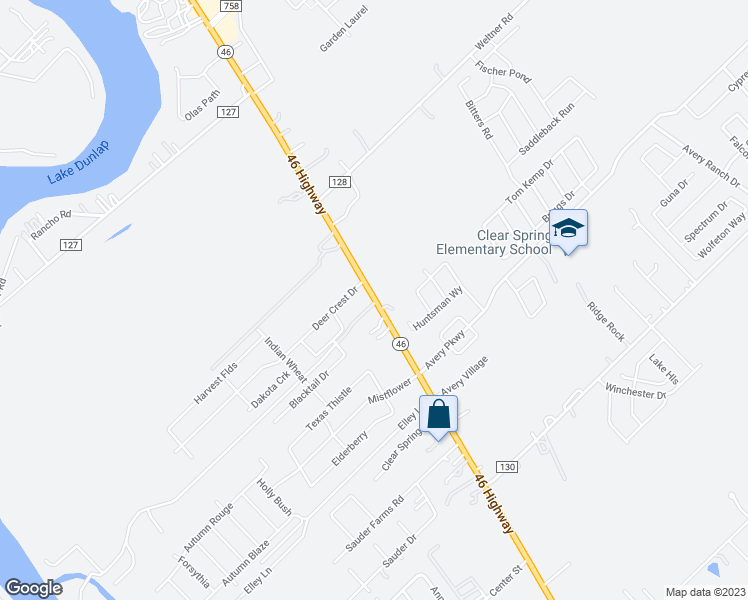 map of restaurants, bars, coffee shops, grocery stores, and more near 2125 Texas 46 in New Braunfels