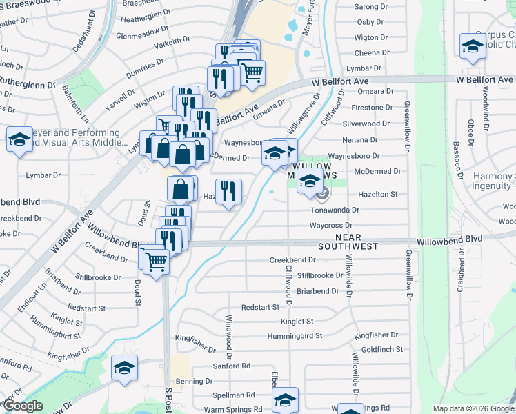 map of restaurants, bars, coffee shops, grocery stores, and more near 10505 Willowgrove Drive in Houston