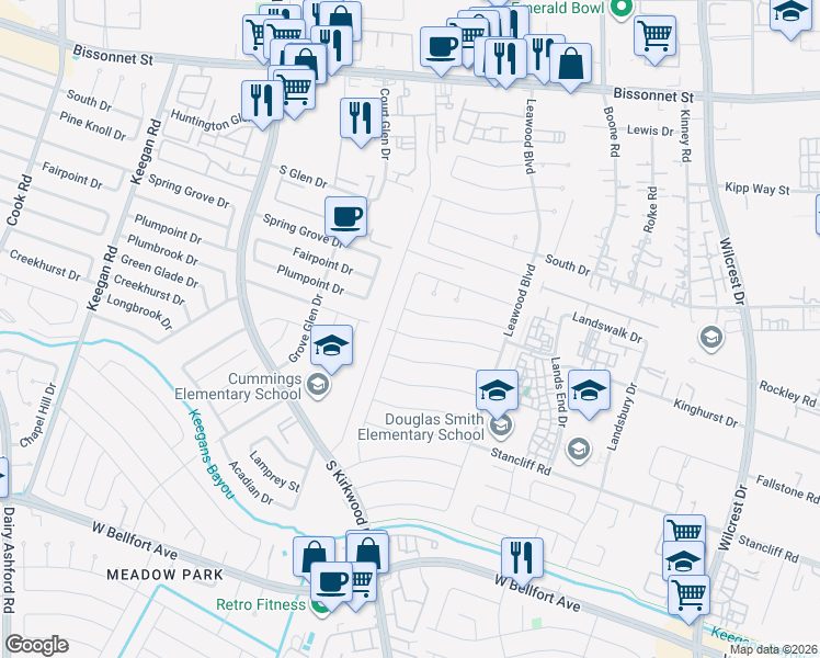 map of restaurants, bars, coffee shops, grocery stores, and more near 11602 Fairpoint Drive in Houston