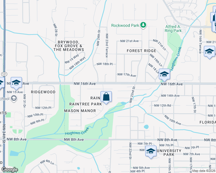 map of restaurants, bars, coffee shops, grocery stores, and more near 2370 Northwest 16th Avenue in Gainesville