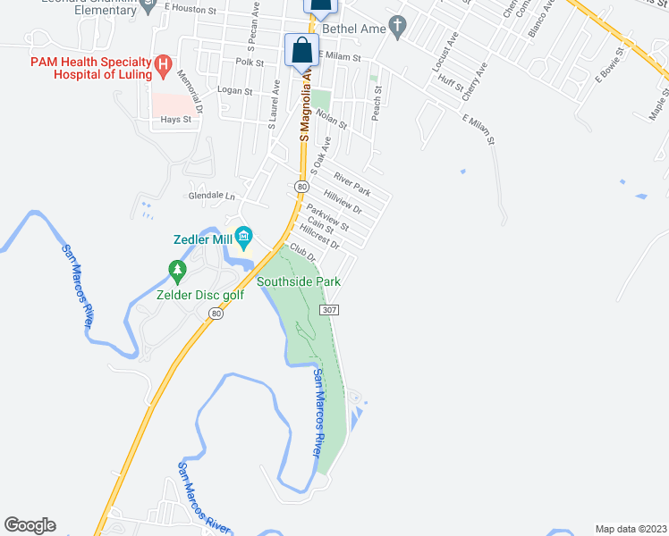 map of restaurants, bars, coffee shops, grocery stores, and more near 120 Bellaire Street in Luling
