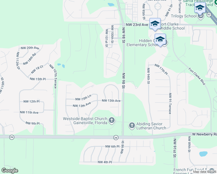 map of restaurants, bars, coffee shops, grocery stores, and more near 1430 Northwest 100th Terrace in Gainesville