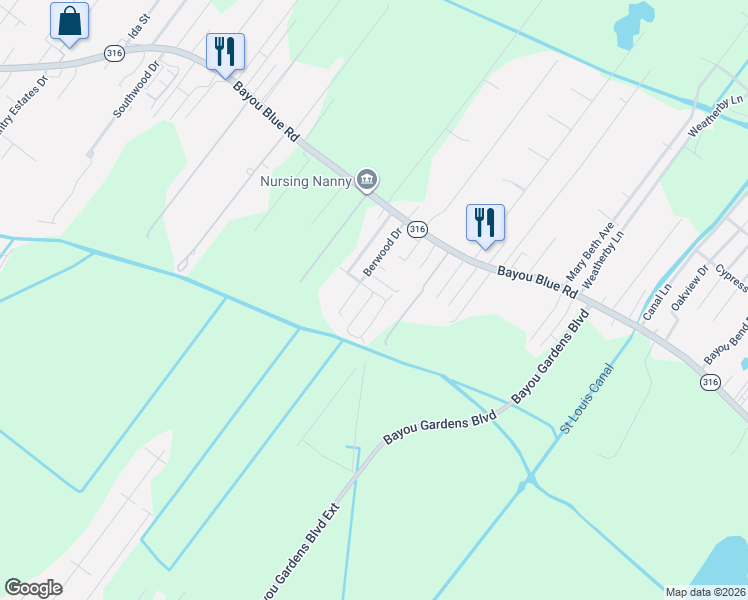 map of restaurants, bars, coffee shops, grocery stores, and more near 101-199 Vicsland Court in Houma
