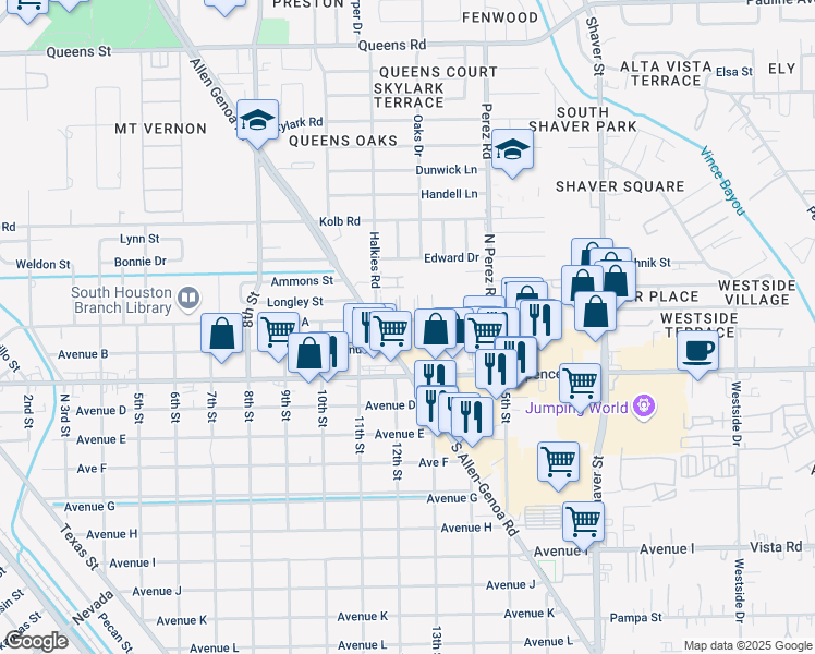 map of restaurants, bars, coffee shops, grocery stores, and more near 1303 Avenue A in South Houston