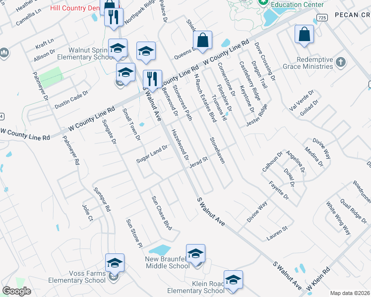 map of restaurants, bars, coffee shops, grocery stores, and more near 2133 Hazelwood Drive in New Braunfels