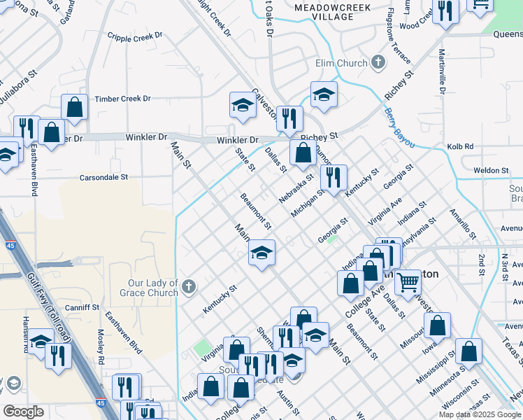 map of restaurants, bars, coffee shops, grocery stores, and more near 708 Kansas Avenue in South Houston