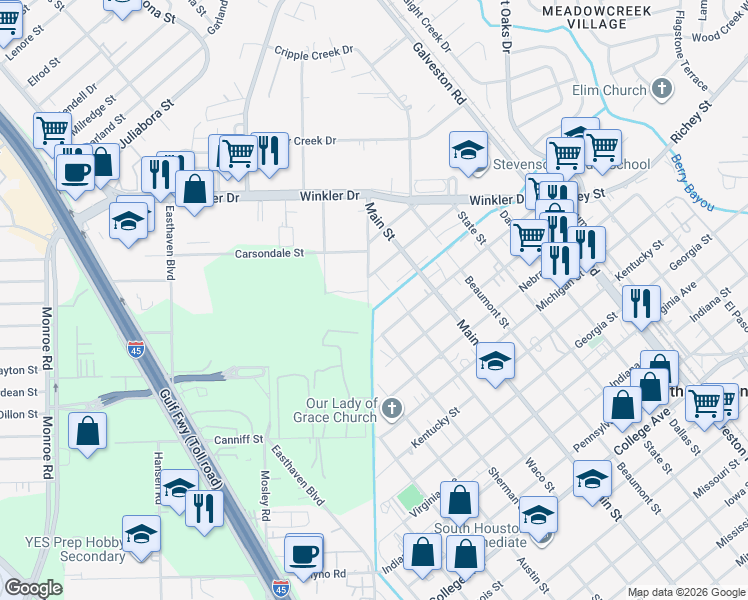 map of restaurants, bars, coffee shops, grocery stores, and more near 6910 Canniff Road in Houston