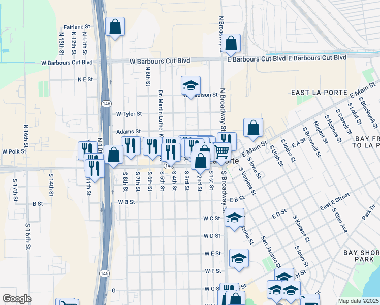 map of restaurants, bars, coffee shops, grocery stores, and more near 310 West Polk Street in La Porte