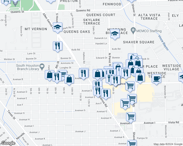 map of restaurants, bars, coffee shops, grocery stores, and more near 1303 Avenue A in South Houston
