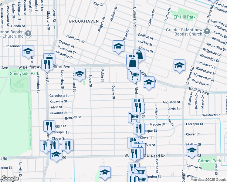 map of restaurants, bars, coffee shops, grocery stores, and more near 4517 Davenport Street in Houston