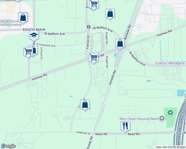 map of restaurants, bars, coffee shops, grocery stores, and more near Fannin Station West in Houston