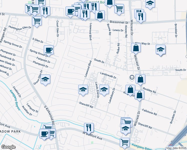 map of restaurants, bars, coffee shops, grocery stores, and more near 10103 Leawood Boulevard in Houston