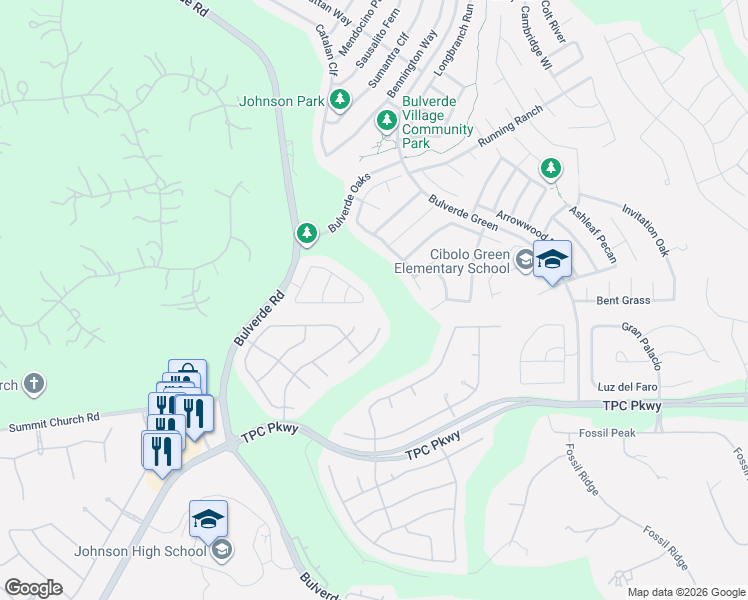 map of restaurants, bars, coffee shops, grocery stores, and more near 24003 Wimberly Oaks in San Antonio