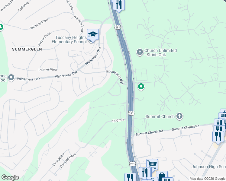 map of restaurants, bars, coffee shops, grocery stores, and more near 24214 Mountain Blue in San Antonio