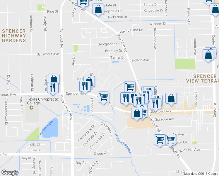 map of restaurants, bars, coffee shops, grocery stores, and more near 6565 Spencer Highway in Pasadena