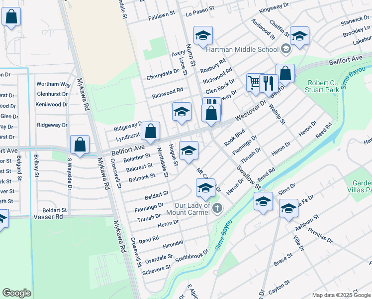 map of restaurants, bars, coffee shops, grocery stores, and more near 6604 Ledbetter Street in Houston