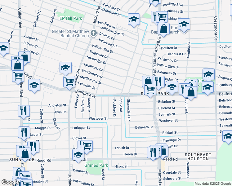 map of restaurants, bars, coffee shops, grocery stores, and more near 5406 Myrtlewood Street in Houston