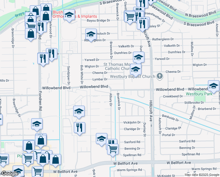 map of restaurants, bars, coffee shops, grocery stores, and more near in Houston
