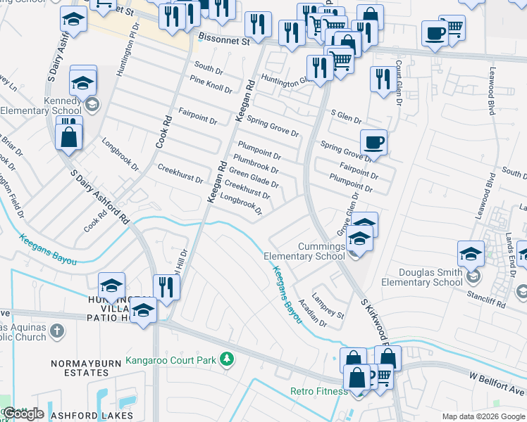 map of restaurants, bars, coffee shops, grocery stores, and more near 12006 Longbrook Drive in Houston