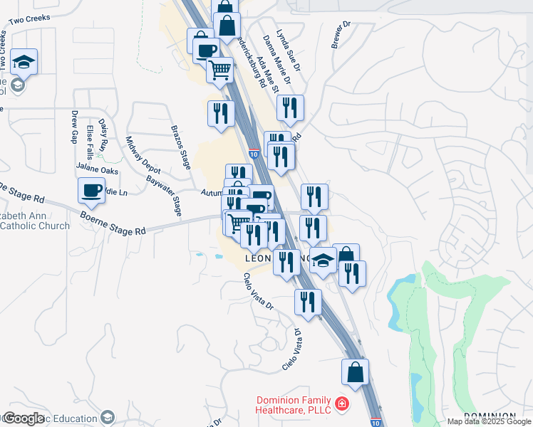 map of restaurants, bars, coffee shops, grocery stores, and more near 24200 W Interstate 10 in San Antonio