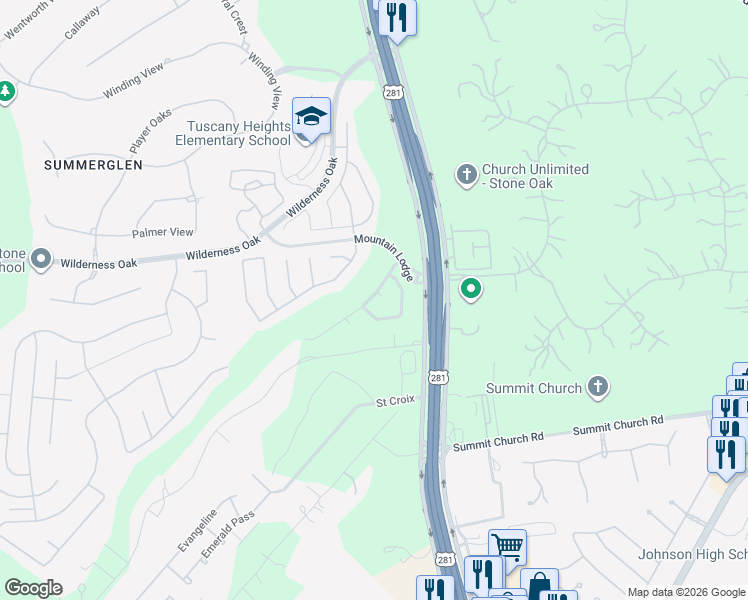 map of restaurants, bars, coffee shops, grocery stores, and more near 24215 Mountain Blue in San Antonio