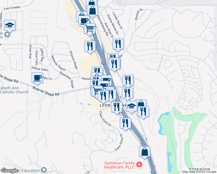 map of restaurants, bars, coffee shops, grocery stores, and more near Interstate 10 Frontage Rd & Boerne Stage Rd in San Antonio