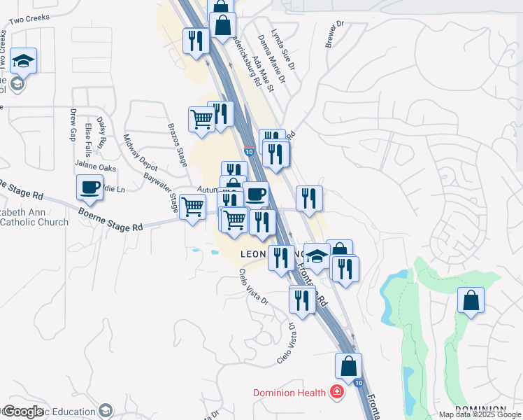 map of restaurants, bars, coffee shops, grocery stores, and more near 24137 Boerne Stage Road in San Antonio