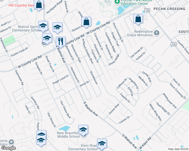 map of restaurants, bars, coffee shops, grocery stores, and more near 2155 Stonehaven in New Braunfels