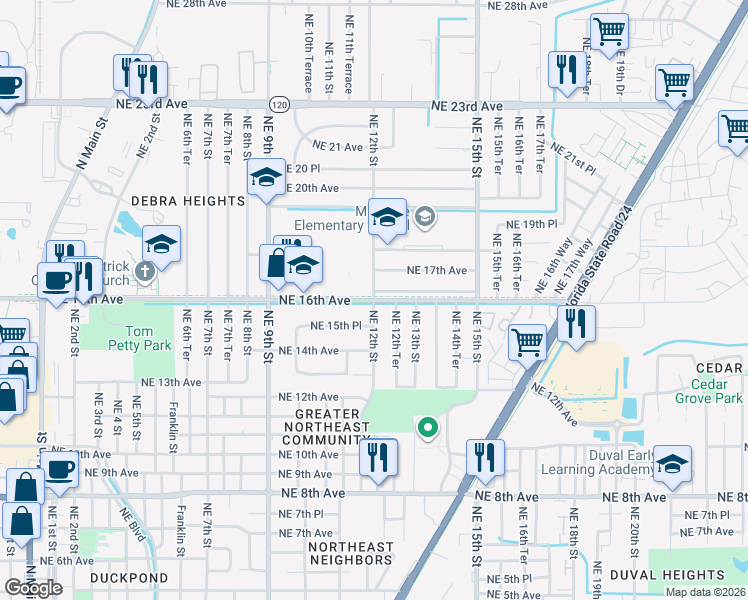 map of restaurants, bars, coffee shops, grocery stores, and more near 1130-1150 Northeast 16th Avenue in Gainesville