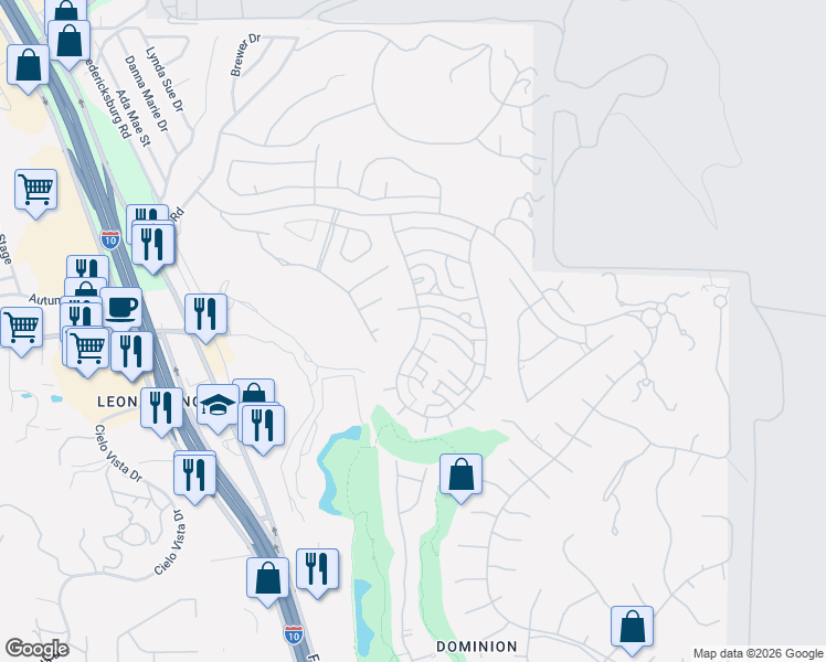 map of restaurants, bars, coffee shops, grocery stores, and more near 40 Grantham Glen in San Antonio