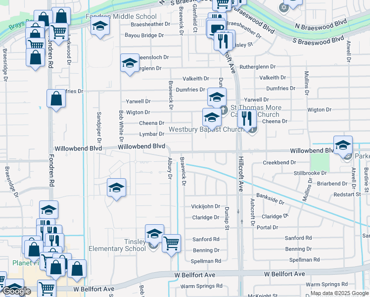 map of restaurants, bars, coffee shops, grocery stores, and more near 6030 Willowbend Boulevard in Houston