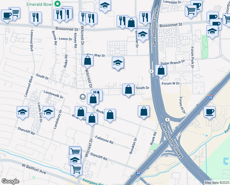 map of restaurants, bars, coffee shops, grocery stores, and more near 10501 South Drive in Houston