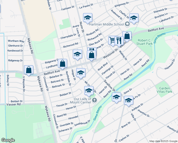 map of restaurants, bars, coffee shops, grocery stores, and more near 6850 Westover Street in Houston