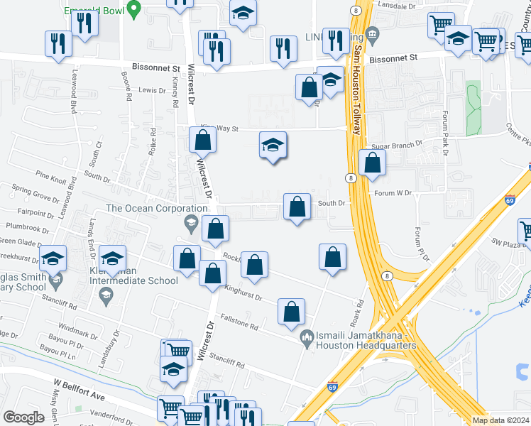 map of restaurants, bars, coffee shops, grocery stores, and more near 10501 South Drive in Houston