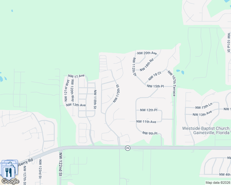 map of restaurants, bars, coffee shops, grocery stores, and more near 11505 Northwest 15 Lane in Gainesville
