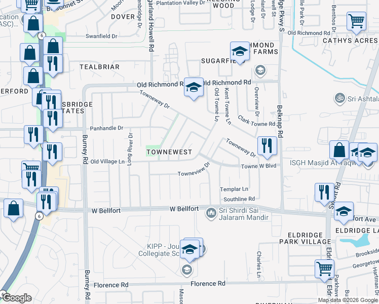 map of restaurants, bars, coffee shops, grocery stores, and more near 10319 Clarktower Court in Sugar Land