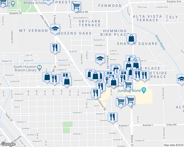 map of restaurants, bars, coffee shops, grocery stores, and more near 1321 Avenue A in South Houston