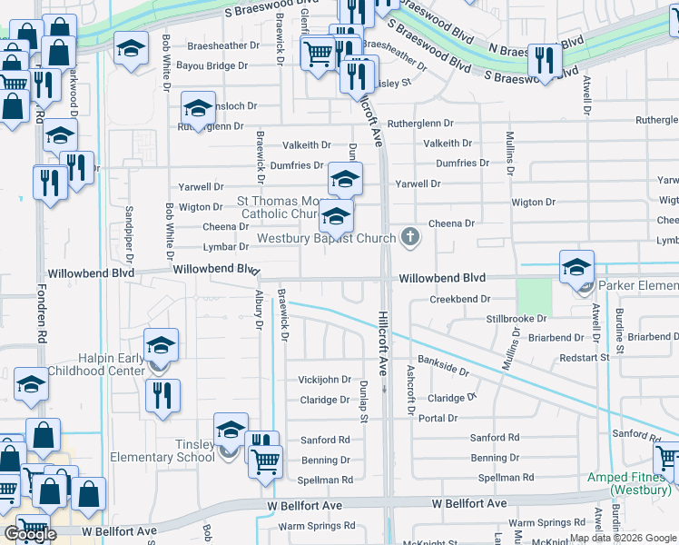 map of restaurants, bars, coffee shops, grocery stores, and more near 5938 Willowbend Boulevard in Houston