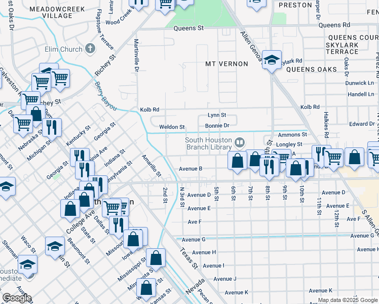 map of restaurants, bars, coffee shops, grocery stores, and more near 108 Weldon Street in South Houston