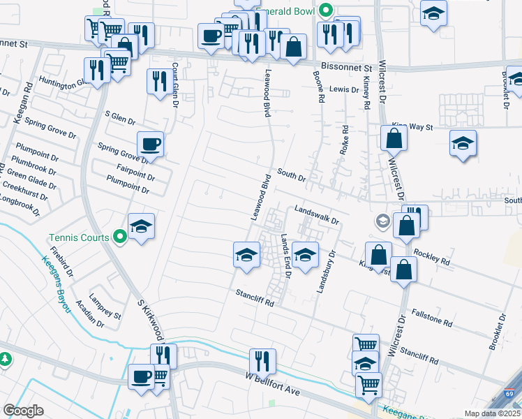 map of restaurants, bars, coffee shops, grocery stores, and more near 11411 Spring Grove Drive in Houston