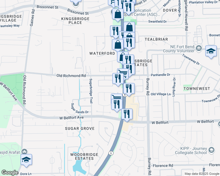 map of restaurants, bars, coffee shops, grocery stores, and more near 14722 Rich Valley Lane in Sugar Land