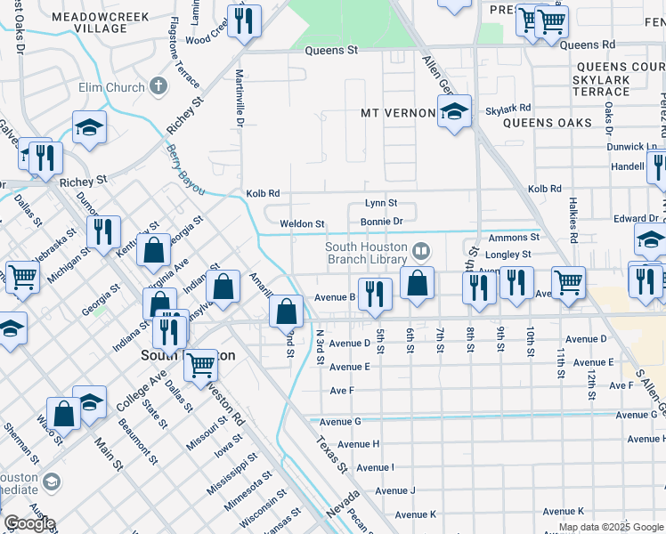 map of restaurants, bars, coffee shops, grocery stores, and more near 108 Weldon Street in South Houston